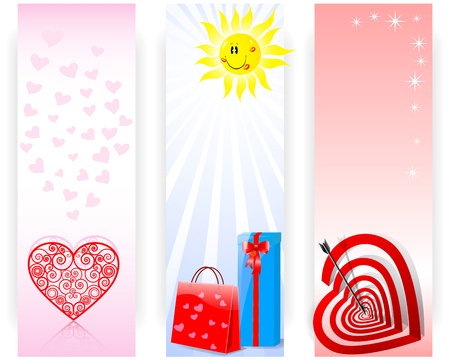 Set banners with a Smiling sun with lip print, Target with the shape of an heart and Gifts.  illustration.のイラスト素材
