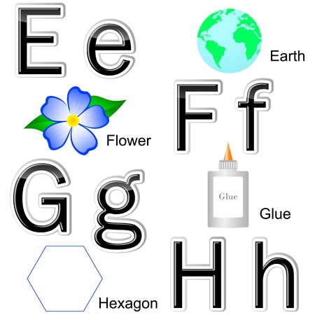 Glossy letters-stickers. The alphabet with drawings, letters E, F, G, H. のイラスト素材