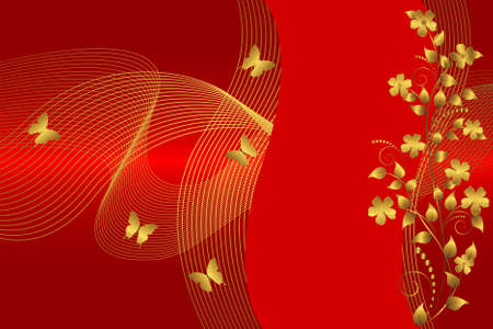 Golden flowers and butterflies on the red background. Vector.のイラスト素材