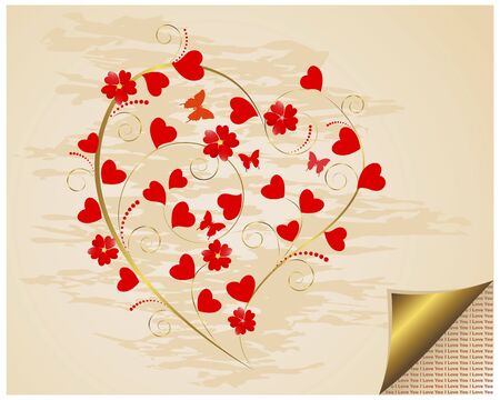 Valentine's Day. Grungy background with curled corner and floral heart.のイラスト素材