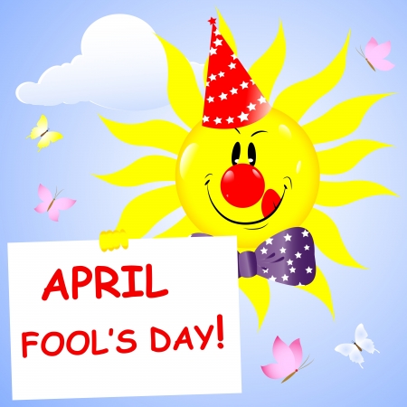 Fools day background. Sun with a red nose and fool's cap. Vector illustration.のイラスト素材