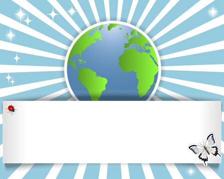 Earth Day. Banner with stickers of the globe, butterfly and ladybug illustration.のイラスト素材