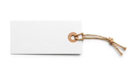 Blank price tag with rope attachment isolated on white backgroundの素材