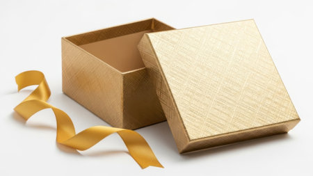 Gold gift box with ribbon, isolated on white backgroundの素材