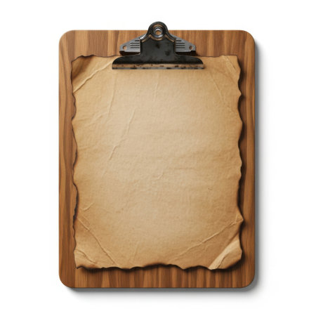 Vintage clipboard with blank paper isolated on white backgroundの素材