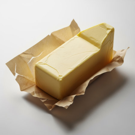 Block of butter on wax paper isolated on white backgroundの素材