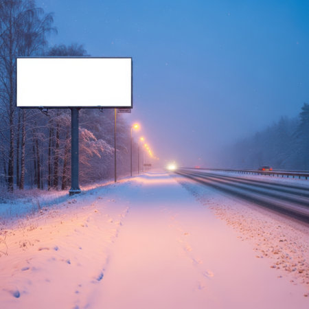 Snowy highway with billboard isolated on white backgroundの素材