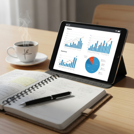 Tablet with charts and graphs, coffee cup, notebook and pen isolated on white backgroundの素材