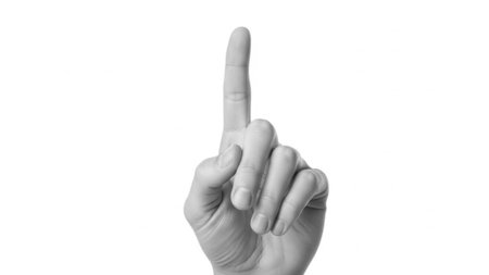 Hand gesture with index finger raised isolated on white backgroundの素材