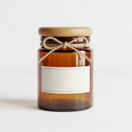 Amber glass jar with wooden lid and blank label isolated on white backgroundの素材