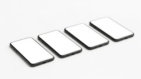 Four smartphones in a row, isolated on white backgroundの素材