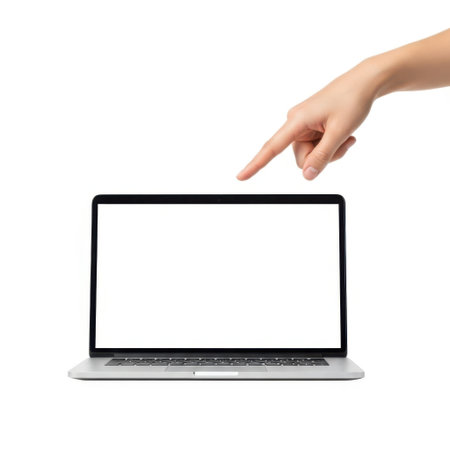 Hand pointing at laptop screen isolated on white backgroundの素材