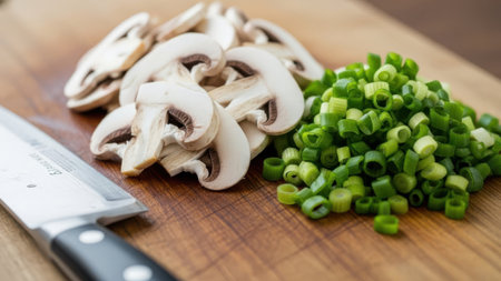 Sliced mushrooms and green onions on cutting board isolated on white backgroundの素材