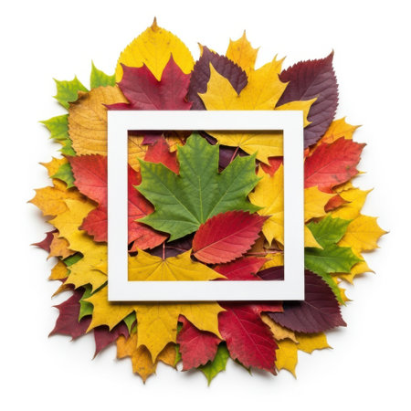 Autumn leaves with square frame isolated on white backgroundの素材