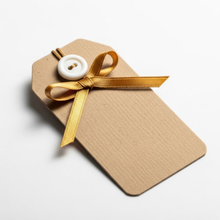 Kraft paper tag with gold ribbon and button, isolated on white backgroundの素材