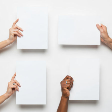 Four hands pointing at squares isolated on white backgroundの素材