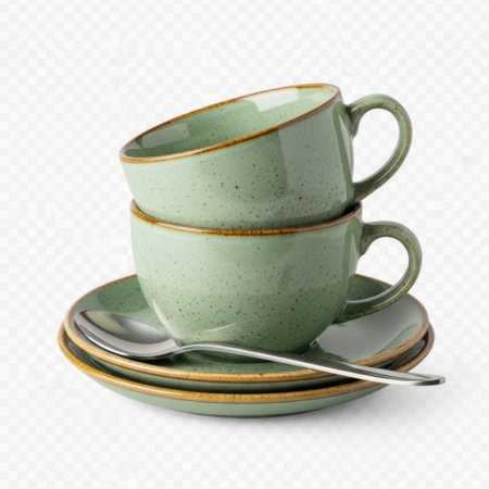 Stack of green ceramic cups and spoons isolated on white backgroundの素材
