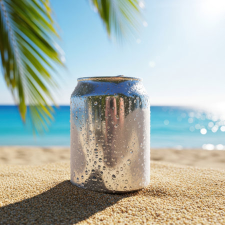 Soda can on beach sand isolated on white backgroundの素材