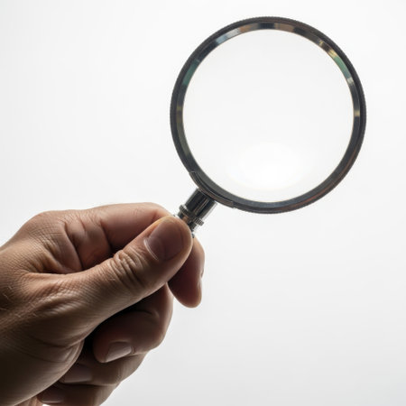 Hand holding magnifying glass isolated on white backgroundの素材