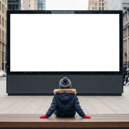 Child watching blank screen, isolated on white backgroundの素材