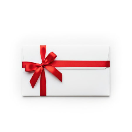 White envelope with red ribbon isolated on white backgroundの素材