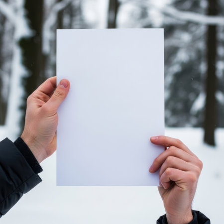 Hands holding paper sheet isolated on white backgroundの素材