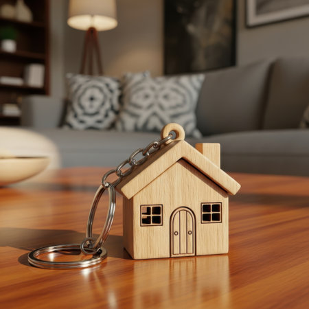 Wooden house keychain isolated on white backgroundの素材