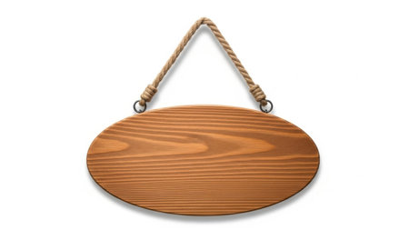 Wooden oval sign hanging rope isolated on white backgroundの素材