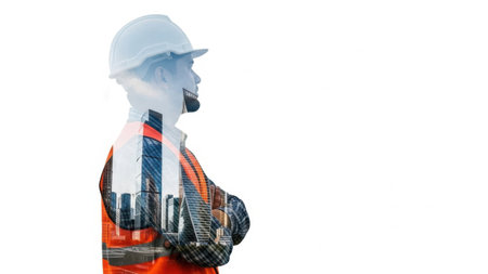 Construction worker with hard hat and safety vest, isolated on white backgroundの素材