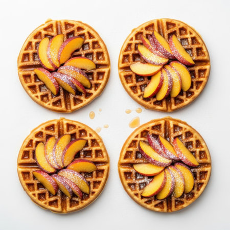 Four waffles with peach slices isolated on white backgroundの素材