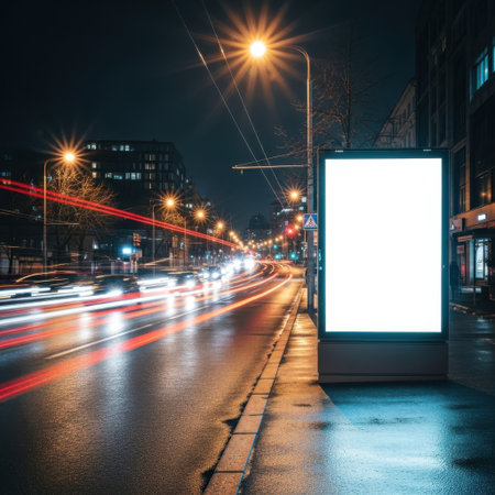 City street at night, blank billboard, isolated on white backgroundの素材
