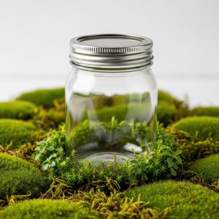 Glass jar on moss, isolated on white backgroundの素材