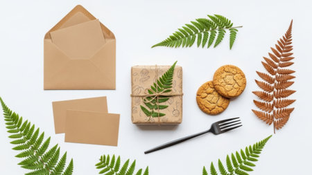 Envelope, gift box, cookies, and ferns isolated on white backgroundの素材