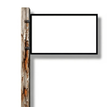 Blank signboard attached to rustic wooden pole, isolated on white backgroundの素材