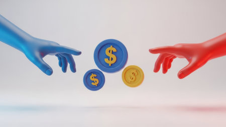 Two hands reaching for coins, isolated on white backgroundの素材