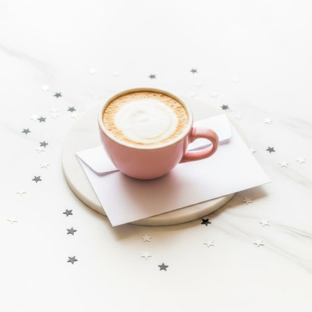 Pink coffee cup with latte art isolated on white backgroundの素材