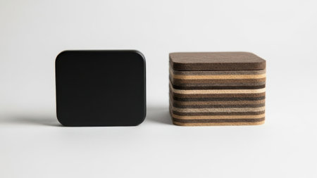 Black square and wooden blocks isolated on white backgroundの素材