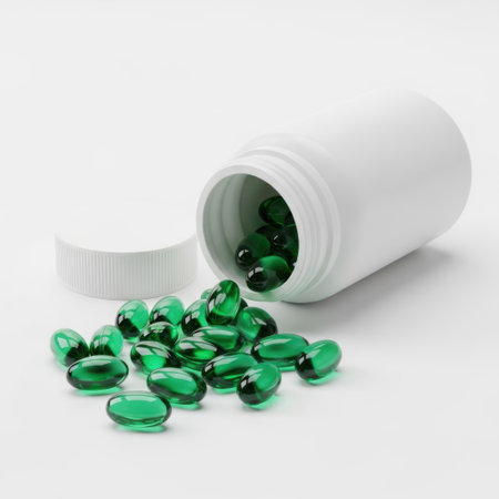 Green capsules spilled from bottle isolated on white backgroundの素材