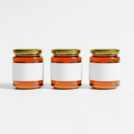 Three honey jars, isolated on white backgroundの素材