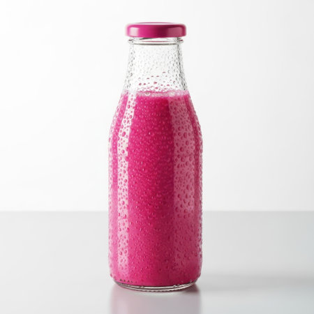 Pink smoothie in glass bottle, isolated on white backgroundの素材