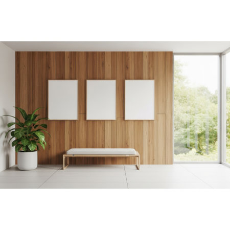 Modern interior with wooden wall and bench isolated on white backgroundの素材