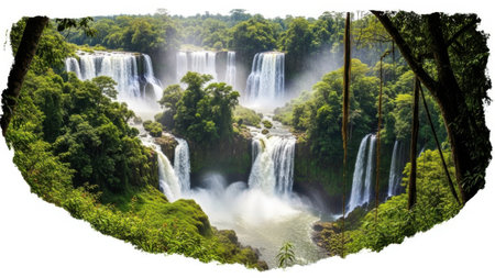 Lush waterfall scene isolated on white backgroundの素材