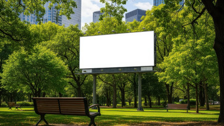 Park bench with billboard, isolated on white backgroundの素材