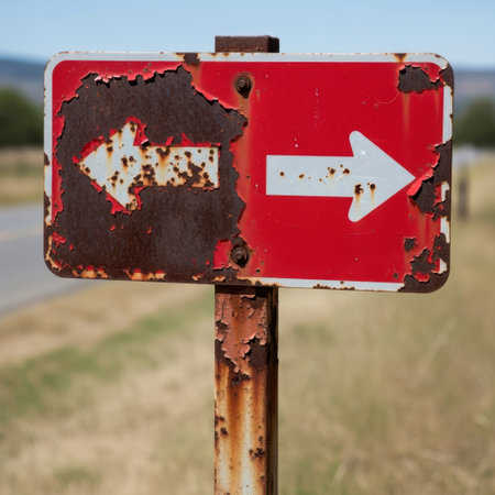 Rusted road sign with arrows isolated on white backgroundの素材