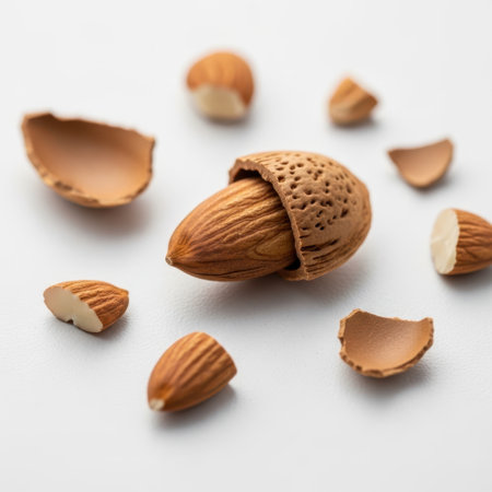 Almonds and shells isolated on white backgroundの素材