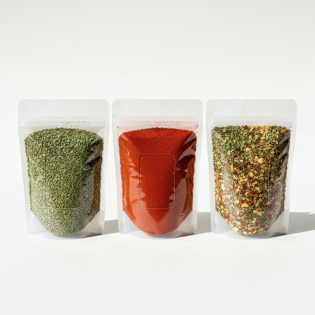 Three spice pouches isolated on white backgroundの素材
