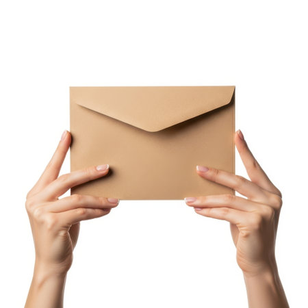 Hands holding envelope isolated on white backgroundの素材