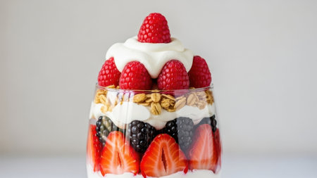 Layered fruit parfait isolated on white backgroundの素材