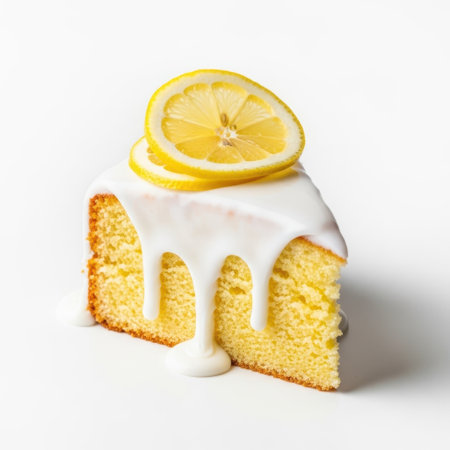 Slice of lemon cake with icing and lemon slices, isolated on white backgroundの素材