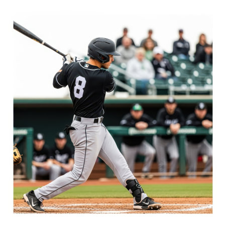 Baseball player swinging bat isolated on white backgroundの素材